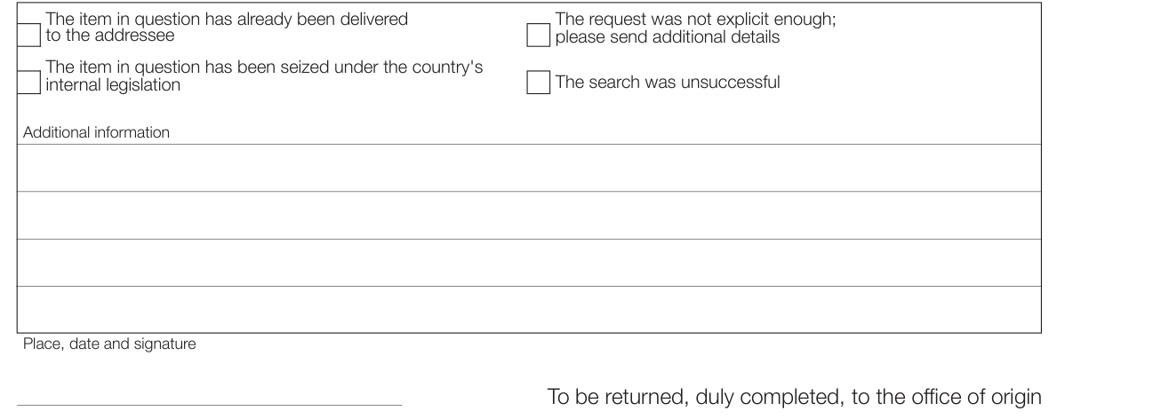 Form CN 17 example filled out, reply of the office of destination