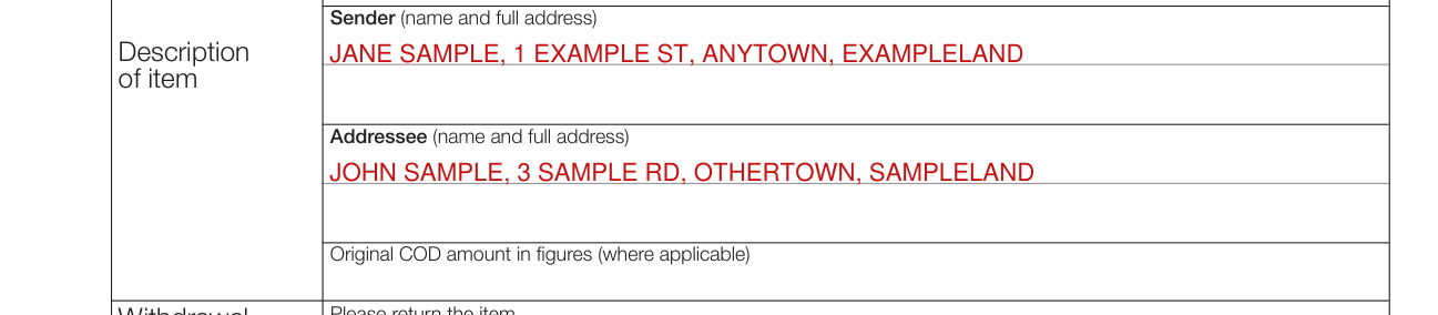 Form CN 17 example filled out, sender and Addressee