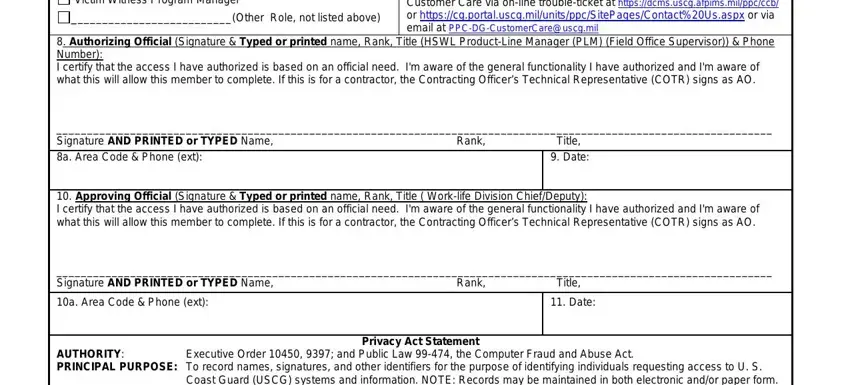 Family Advocacy Specialist Family, If Revocation is due to reasons, Authorizing Official Signature, Signature AND PRINTED or TYPED, Title  Date, Rank, Approving Official Signature, Signature AND PRINTED or TYPED, Rank, Title, a Area Code  Phone ext, Date, Executive Order   and Public Law, Coast Guard USCG systems and, and Privacy Act Statement in how violation under osha