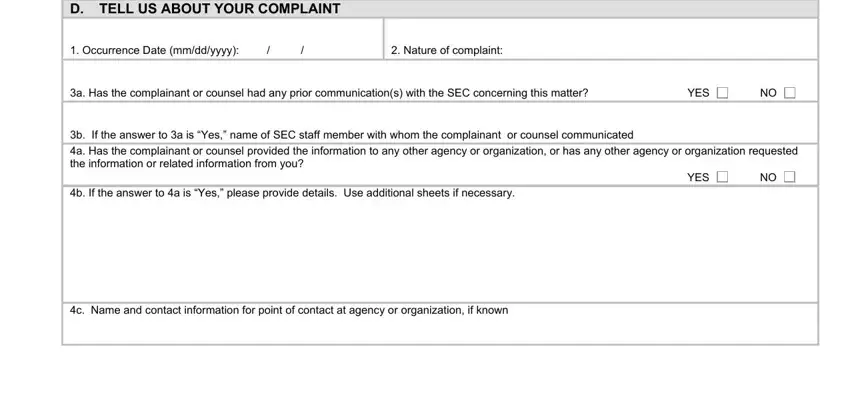 sec complaint form StreetAddress, City, Phone, StateProvince, EmailAddress, ZIPPostalCode, ApartmentUnit, Country, InternetAddress, Natureofcomplaint, and YES fields to complete