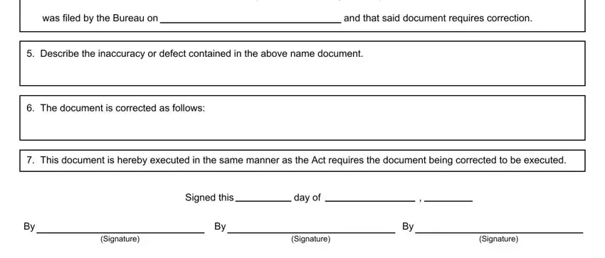 Form Cscl Cd 518 Title of Document Being Corrected, was filed by the Bureau on, and that said document requires, Describe the inaccuracy or defect, The document is corrected as, This document is hereby executed, Signed this, day of, Signature, Signature, and Signature blanks to insert