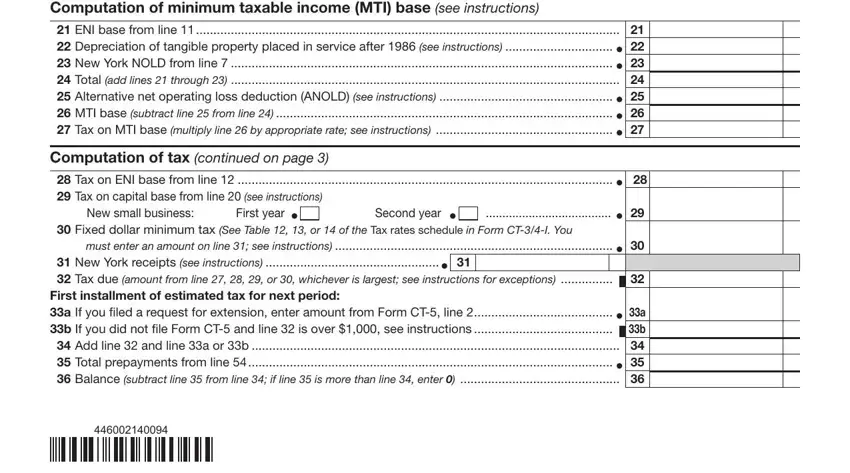 Computation of minimum taxable, 21 ENI base from line 11, Computation of tax (continued on, First year, Second year, New small business:, must enter an amount on line 31;, and 28 Tax on ENI base from line 12 in new york form ct 2