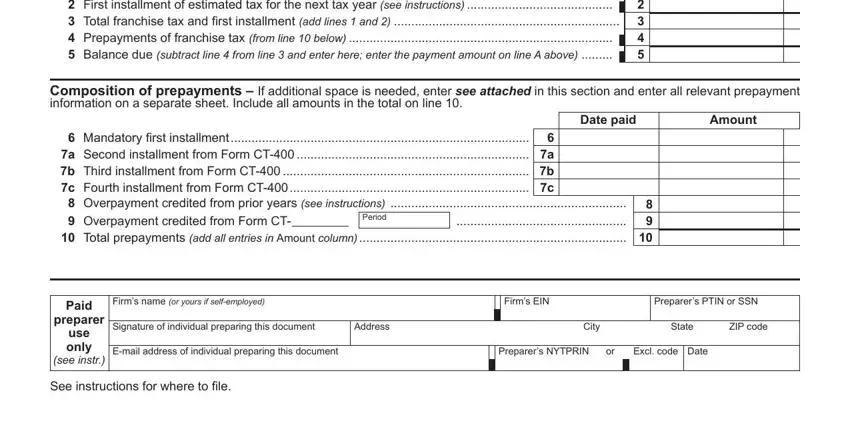 nys ct 5 4 Computationofestimatedfranchisetax, Datepaid, Amount, Mandatoryirstinstallment, Period, Paid, preparer, useonly, seeinstr, Firmsnameoryoursifselfemployed, FirmsEIN, PreparersPTINorSSN, Address, City, and State blanks to fill