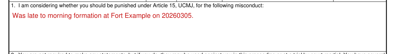 DA Form 2627 example filled out, 1. The following misconduct