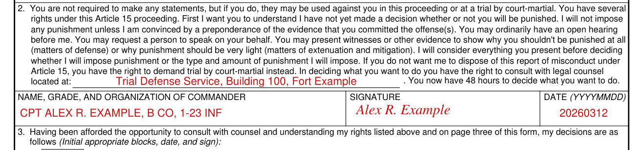 DA Form 2627 example filled out, 2. Legal counsel and the commander's signature