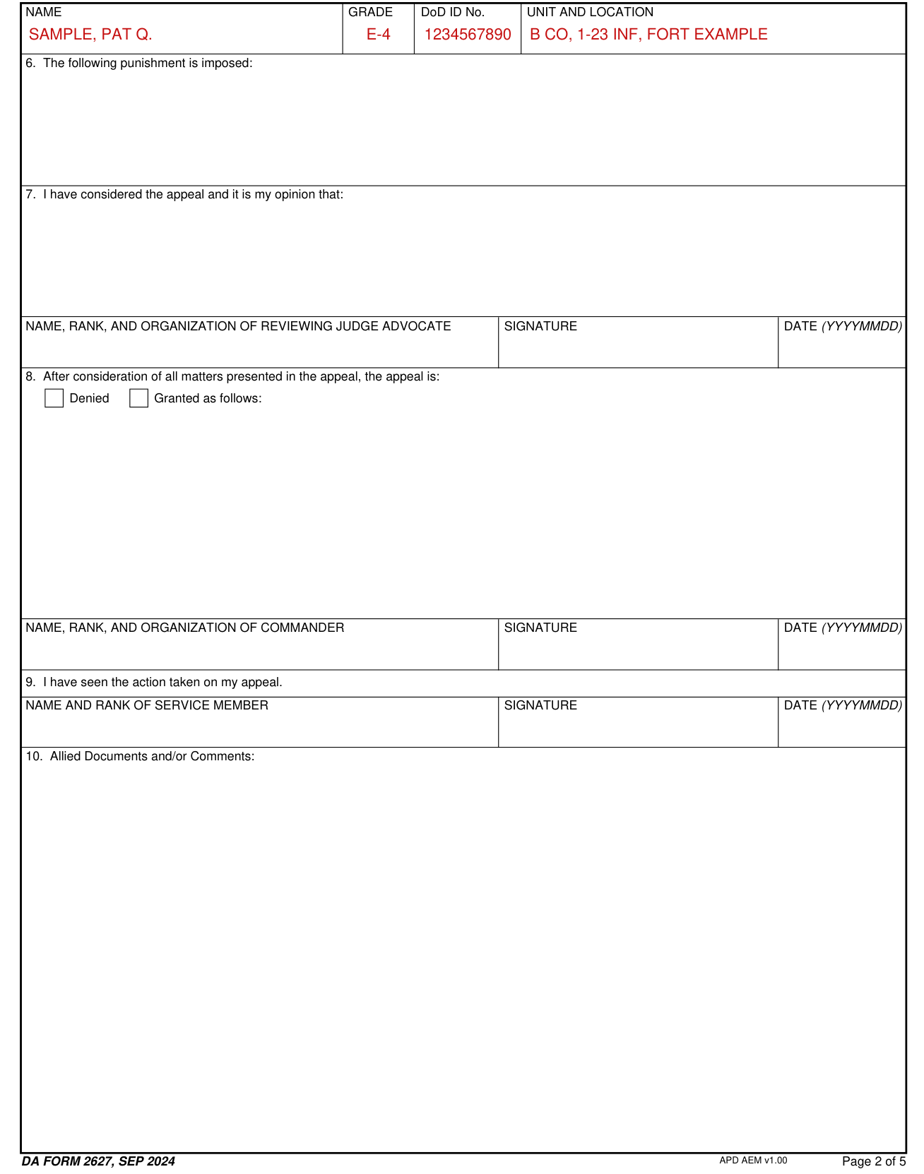 DA Form 2627 example filled out, 6, punishment, to 10, Allied Documents and/or Comments