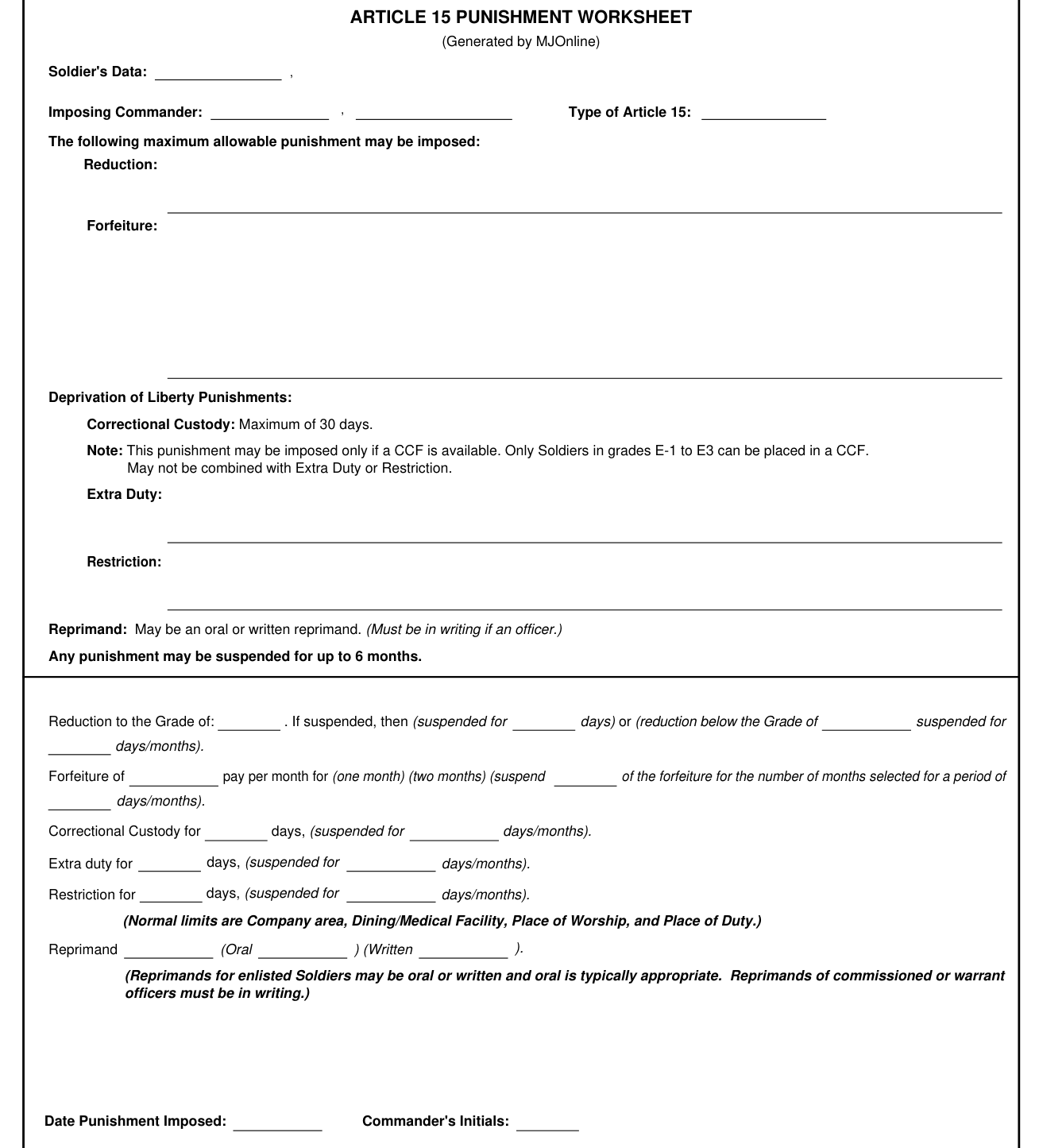 DA Form 2627 example filled out, article 15 punishment worksheet