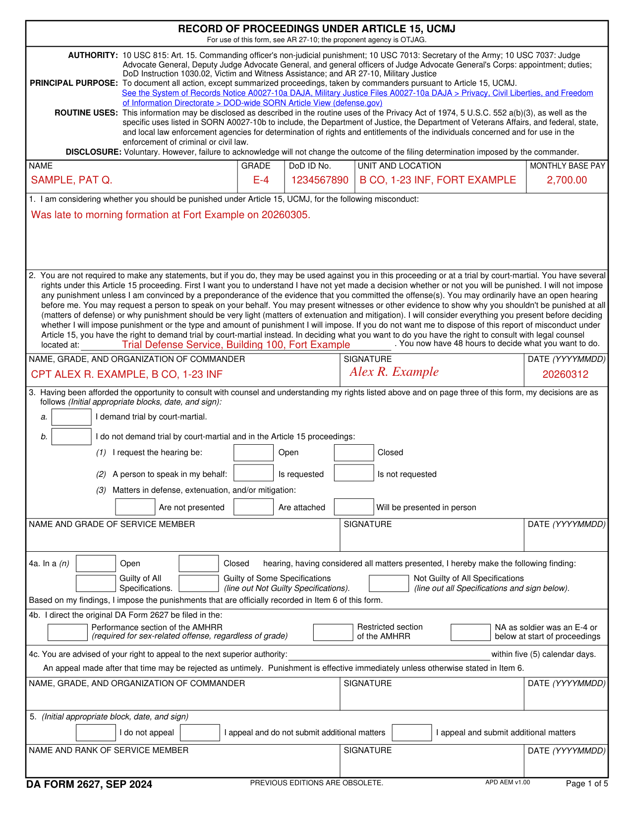 DA Form 2627 example filled out, example: a commander opens an Article 15 proceeding