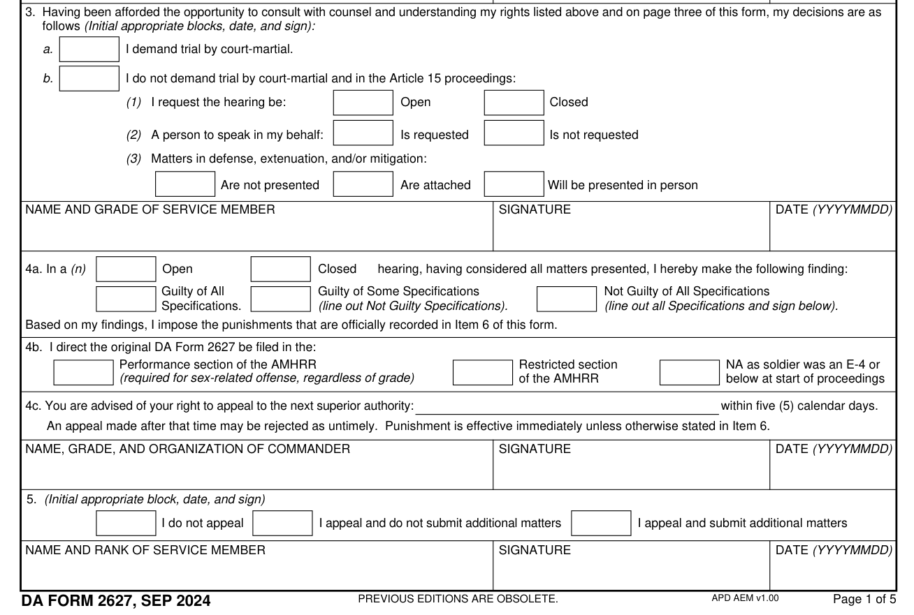 DA Form 2627 example filled out, item 3, decisions, to Item 5, appeal