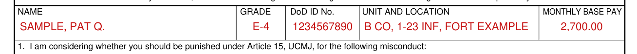 DA Form 2627 example filled out, name, grade, DoD ID No., unit and location, and monthly base pay