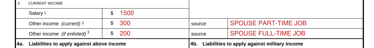 DA Form 3072-2 example filled out, current income