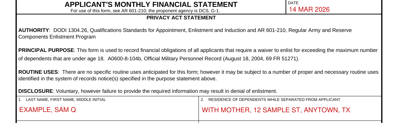 DA Form 3072-2 example filled out, date, name and residence of dependents