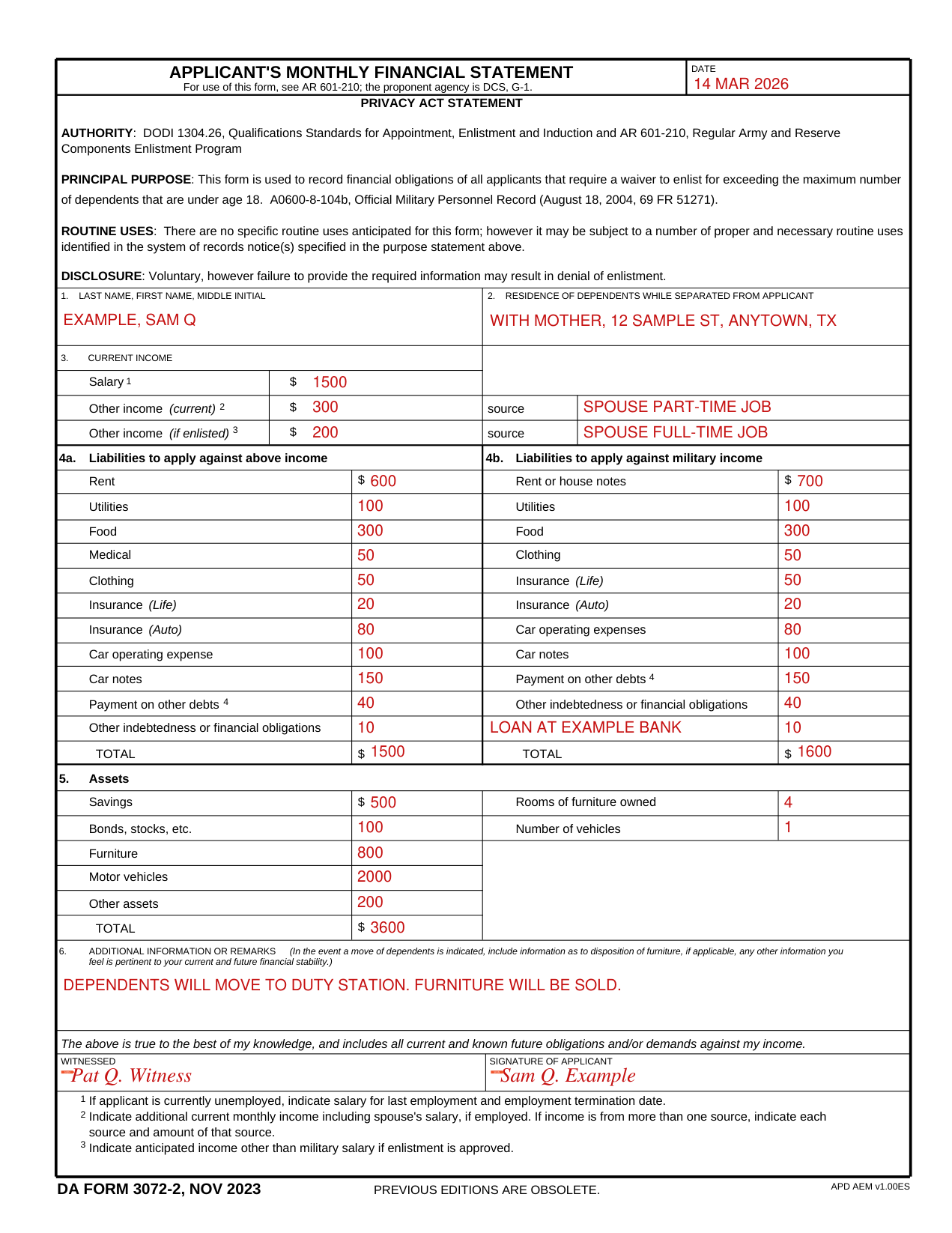 DA Form 3072-2 example filled out, example: an applicant lists income, liabilities and assets