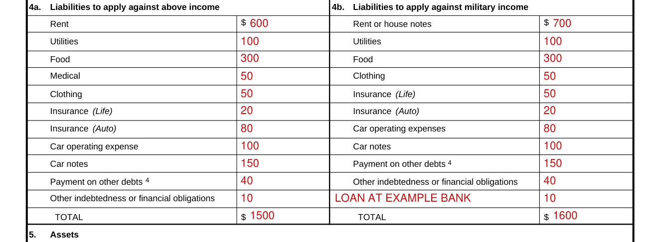 DA Form 3072-2 example filled out, liabilities to apply against income