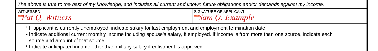 DA Form 3072-2 example filled out, true to the best of my knowledge