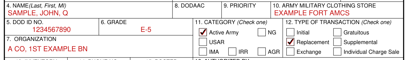 DA Form 3078 example filled out, category and type of transaction