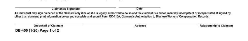 nys disability form I hereby claim Disability Benefits, An individual may sign on behalf, Claimants Signature, Date, On behalf of Claimant, DB  Page  of, Address, and Relationship to Claimant blanks to insert