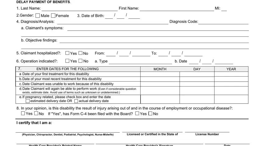 nys disability form PART B  HEALTH CARE PROVIDERS, Last Name, First Name, Gender, Male, Female, Date of Birth, DiagnosisAnalysis, a Claimants symptoms, b Objective findings, Diagnosis Code, Claimant hospitalized, Operation indicated, Yes, and Yes fields to insert