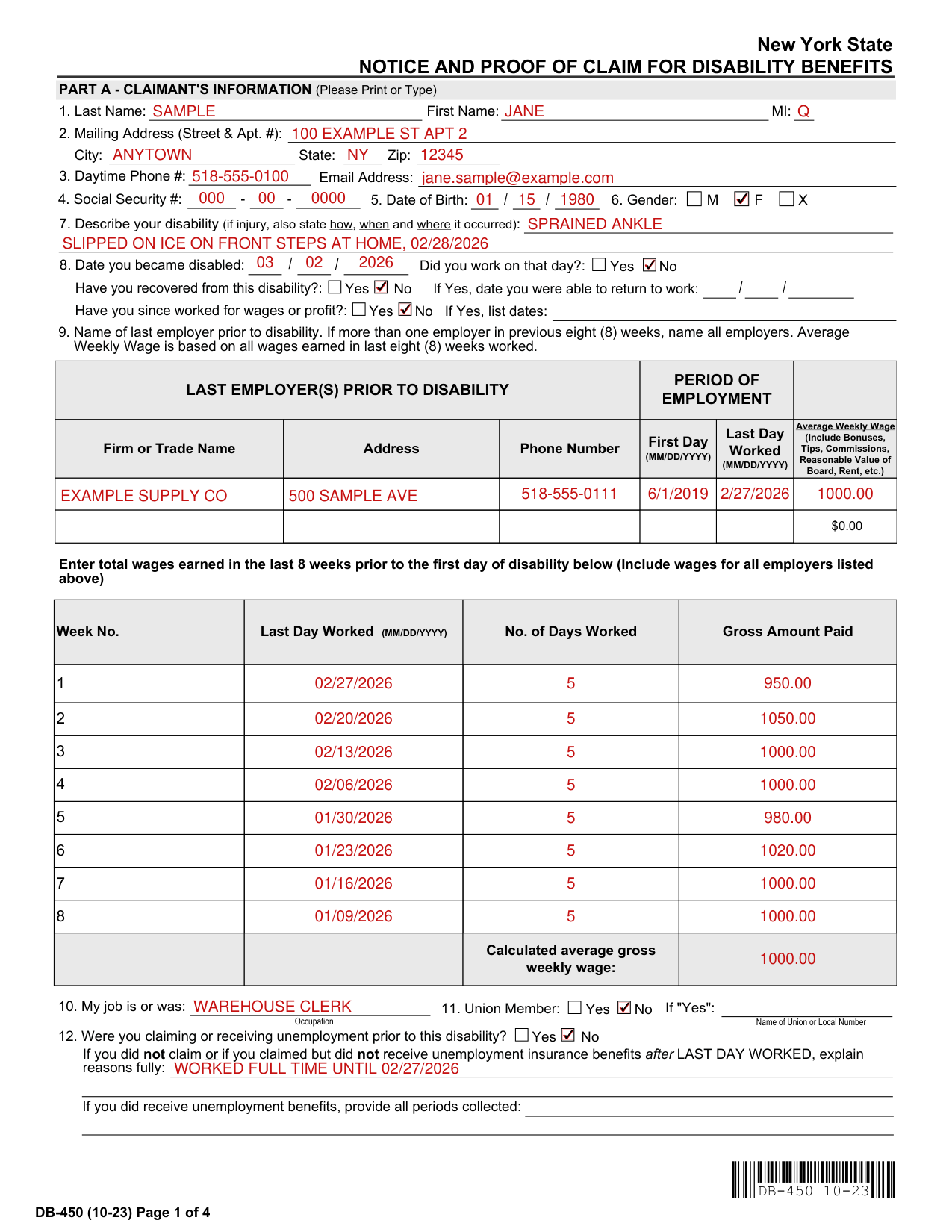 Form DB-450 example filled out, example: an employee who hurt an ankle at home fills out Part A