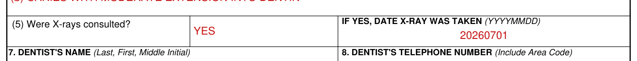 Form DD 2813 example filled out, box 6 (5): were X-rays consulted