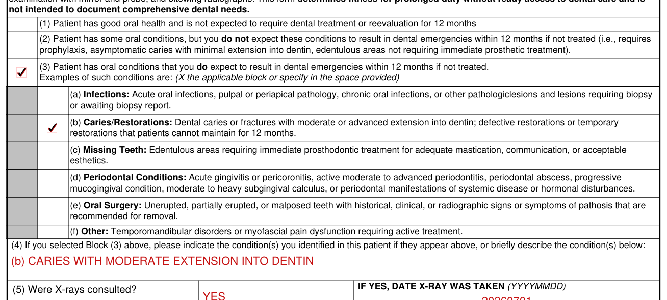 Form DD 2813 example filled out, box 6: the dental condition of the patient