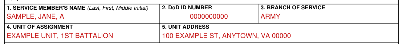 Form DD 2813 example filled out, boxes 1 to 5: the service member and the unit