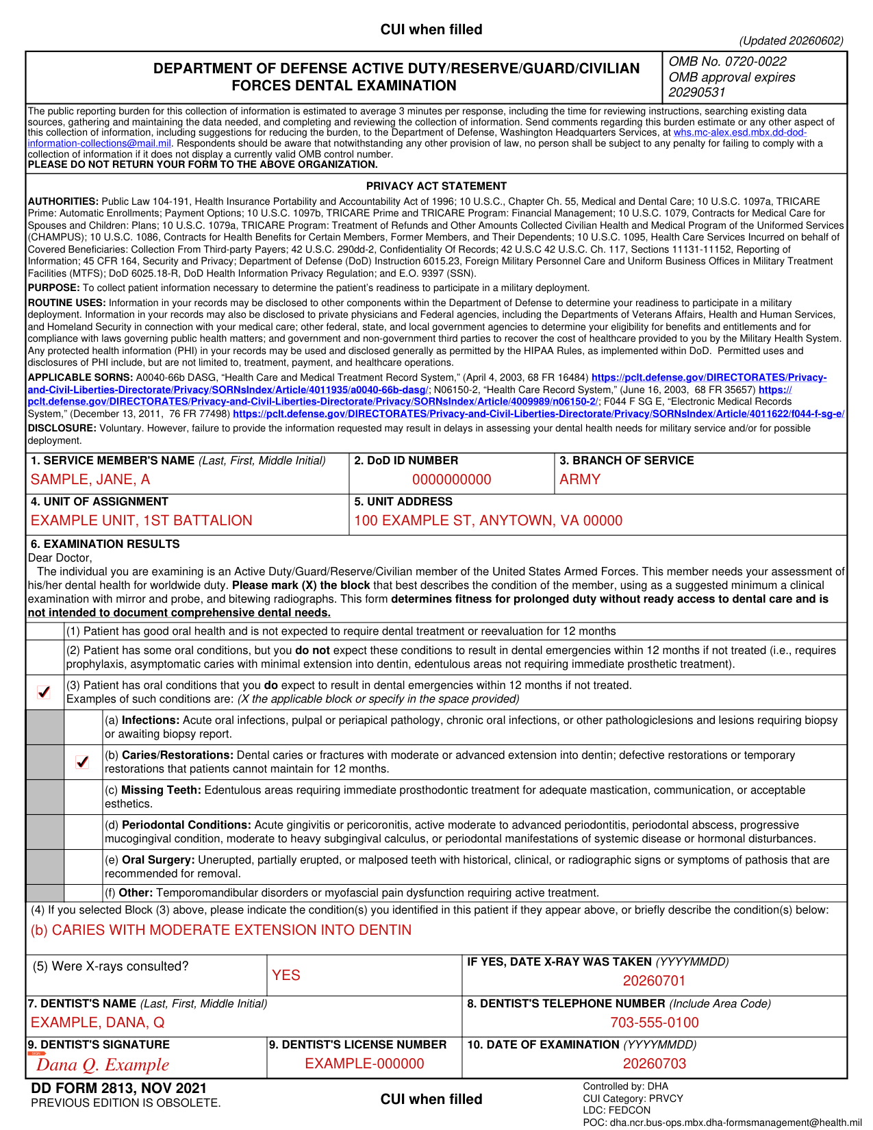 Form DD 2813 example filled out, example: a dentist marks Block (3) for one tooth