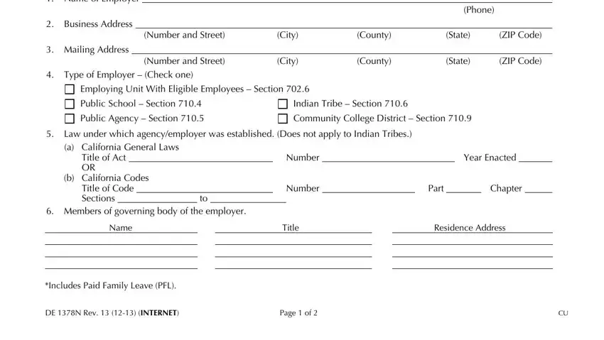 fillable and printable dc1326 edd form Name of Employer, Business Address, Mailing Address, Number and Street, Number and Street, City, City, County, State, ZIP Code, County, State, ZIP Code, Phone, and Type of Employer  Check one fields to complete