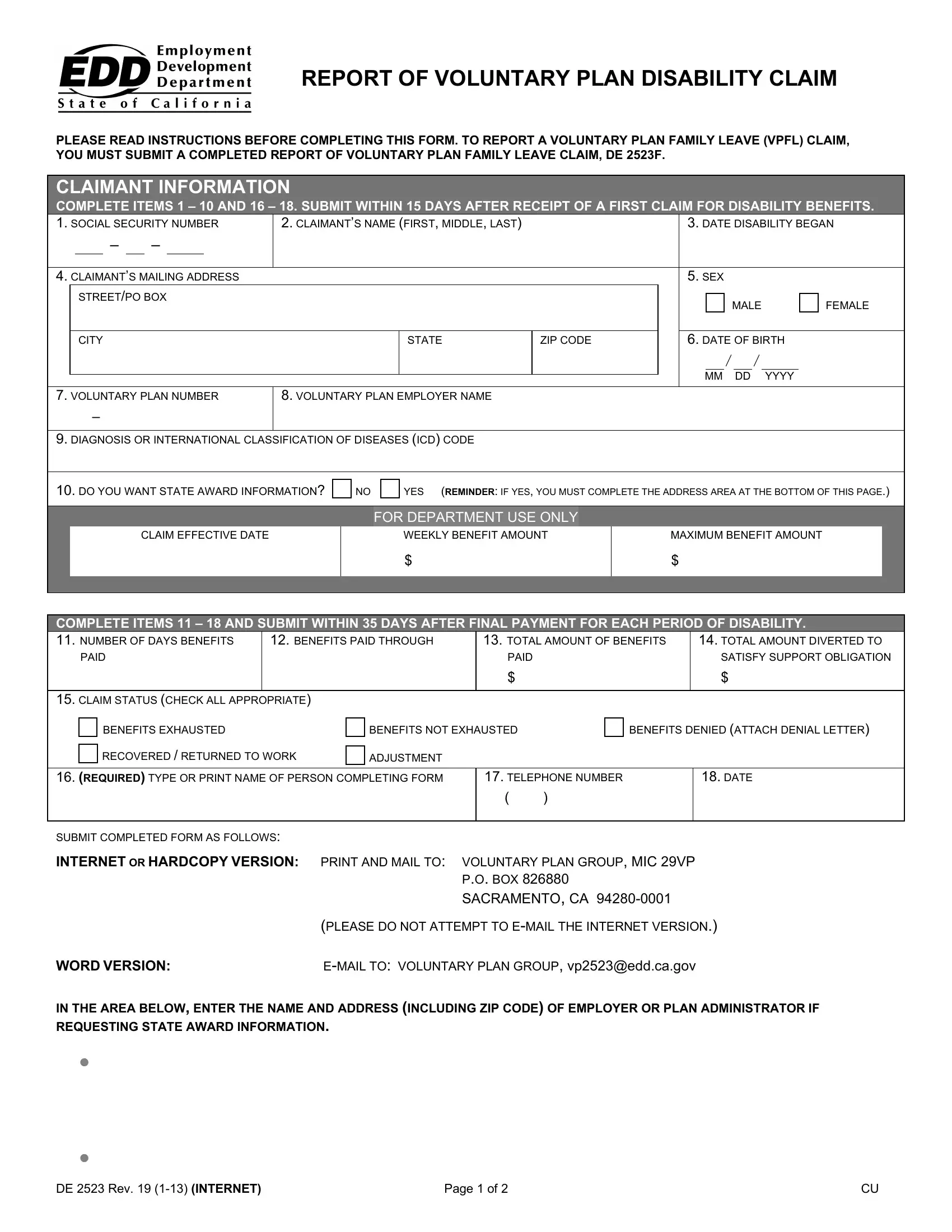 Form De 2523 Fill Out Printable PDF Forms Online