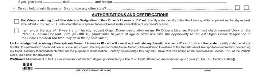 pa driver's license physical form APPLICANTSSIGNATUREININK, DATE, XSIGN, and HERE blanks to fill