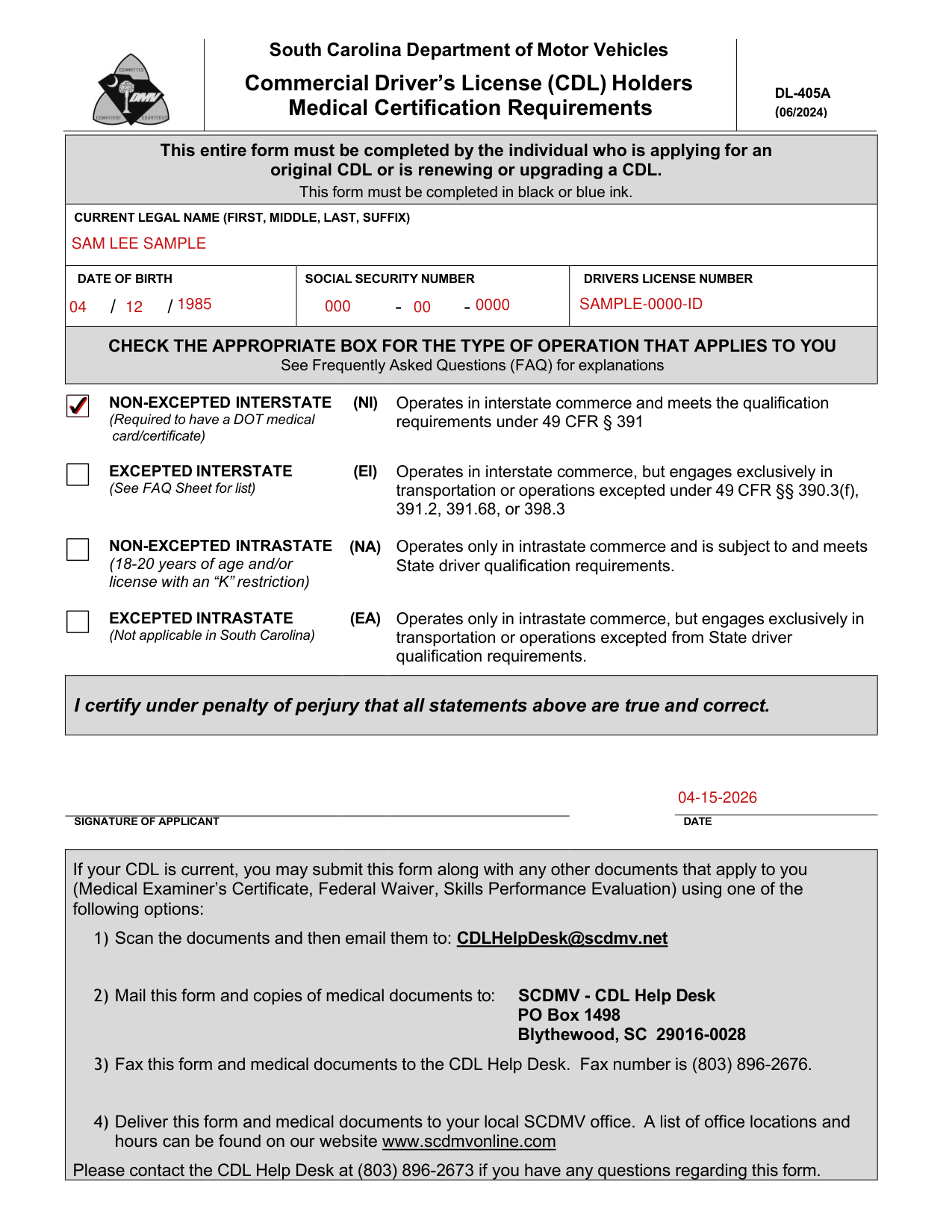 Form DL-405A example filled out, example: a non-excepted interstate driver self-certifies