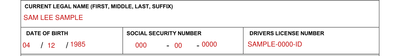 Form DL-405A example filled out, your name, date of birth, Social Security number and drivers license number