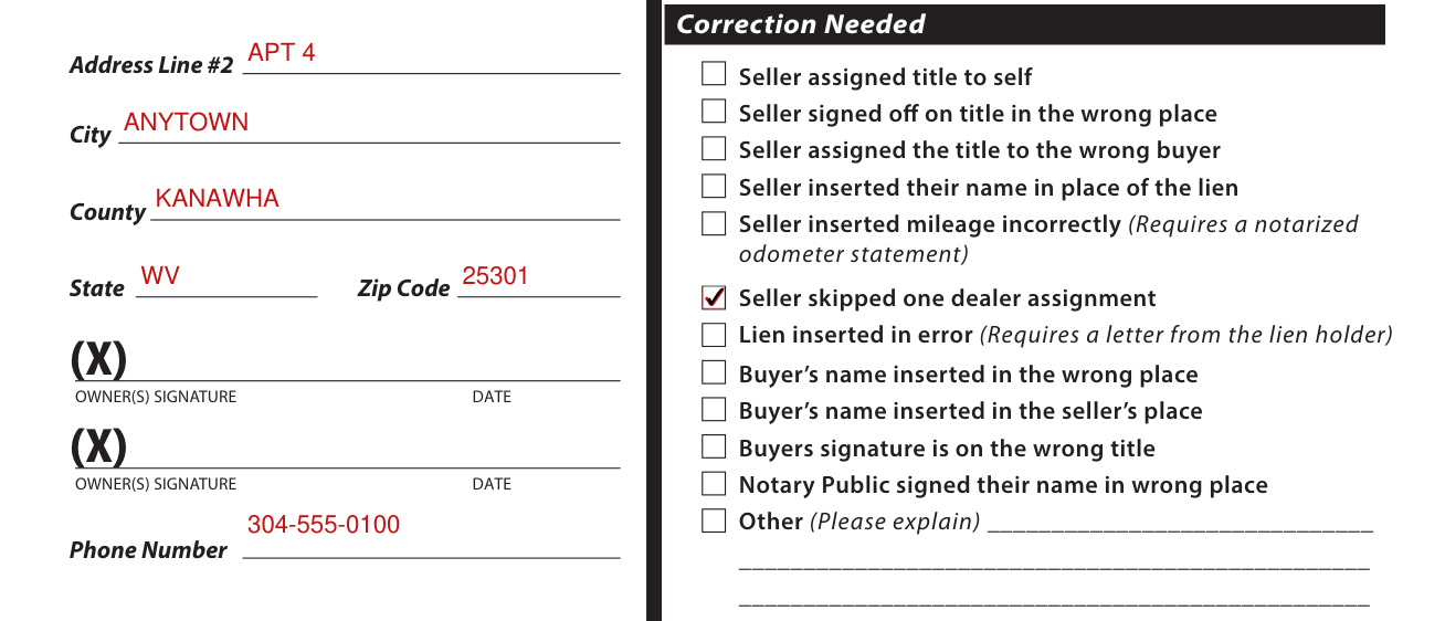 Form DMV-34-TR example filled out, correction Needed
