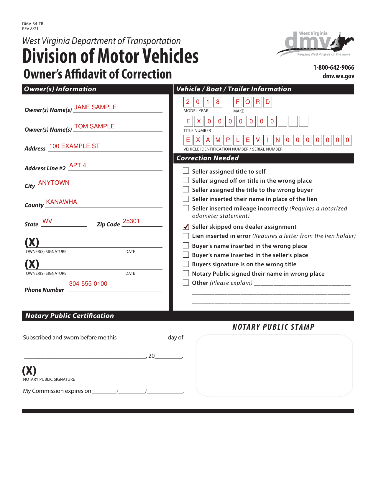Form DMV-34-TR example filled out, example: one dealer assignment skipped