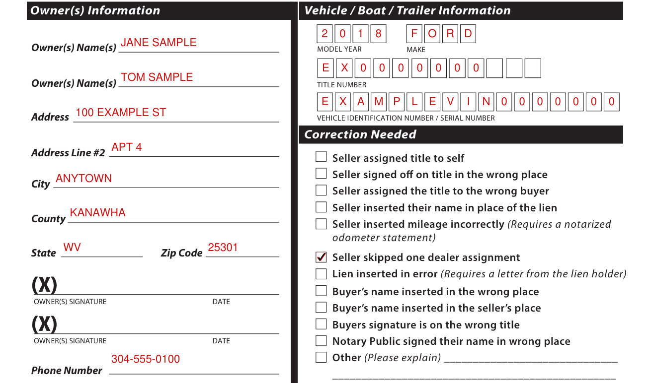 Form DMV-34-TR example filled out, owner(s) Information