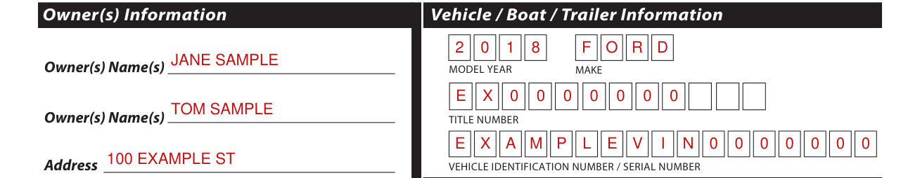 Form DMV-34-TR example filled out, vehicle / Boat / Trailer Information