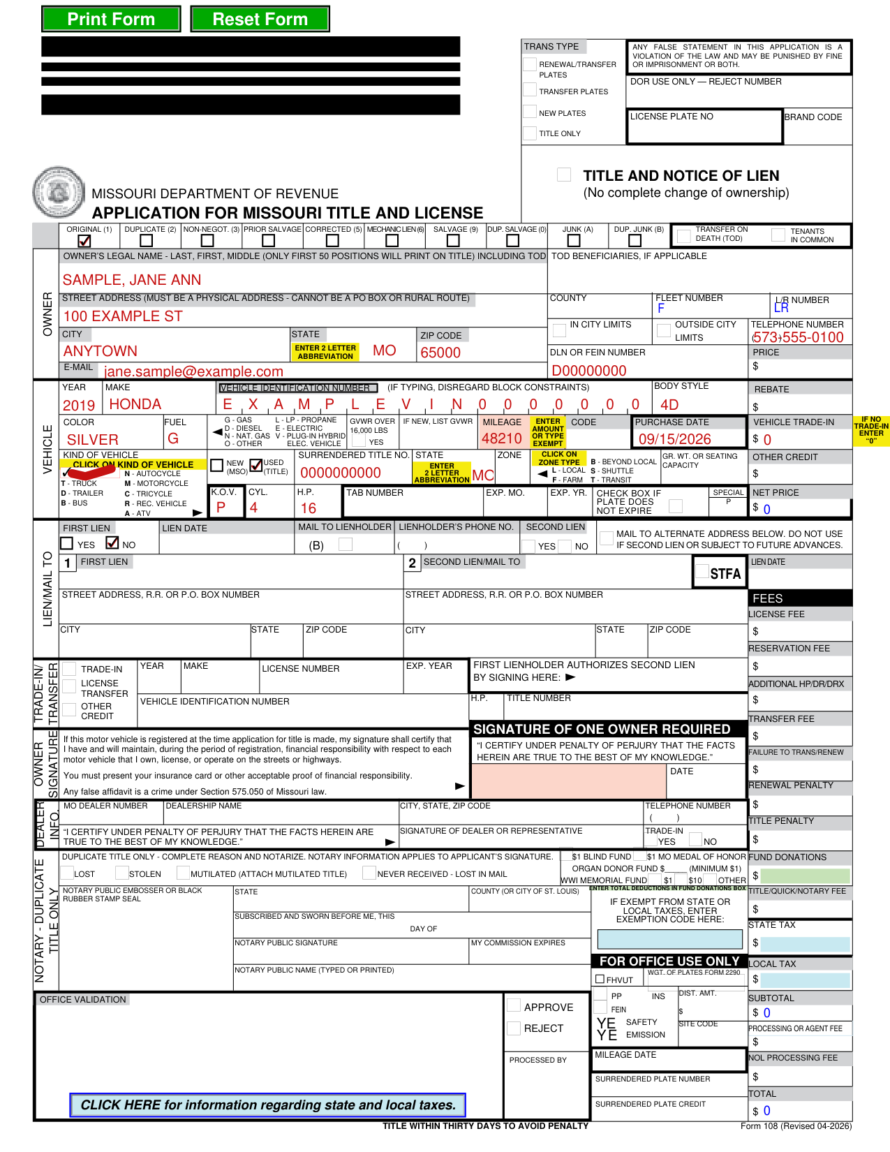 Form 108 example filled out, example: a used passenger car, one owner