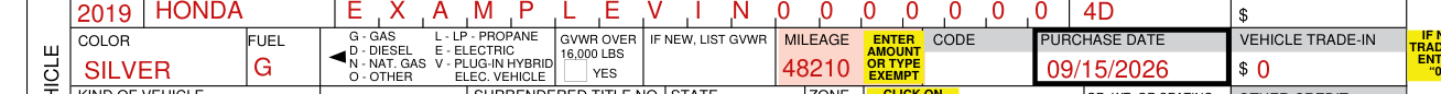 Form 108 example filled out, fuel, GVWR, mileage and purchase date