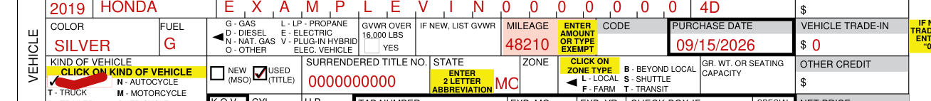Form 108 example filled out, new, used and the surrendered title