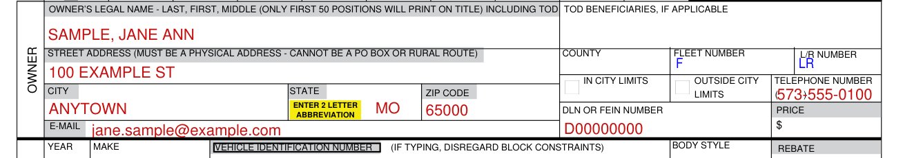 Form 108 example filled out, owner, street address and city limits