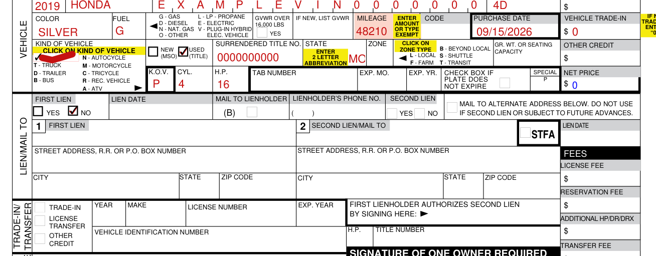 Form 108 example filled out, trade-in and license transfer