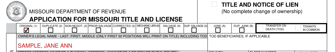 Form 108 example filled out, type of title, transfer on death and tenants in common
