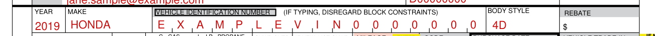 Form 108 example filled out, year, make, vehicle identification number and body style