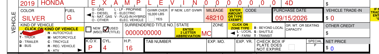 Form 108 example filled out, zone, kind of vehicle, cylinders, horsepower and expiration