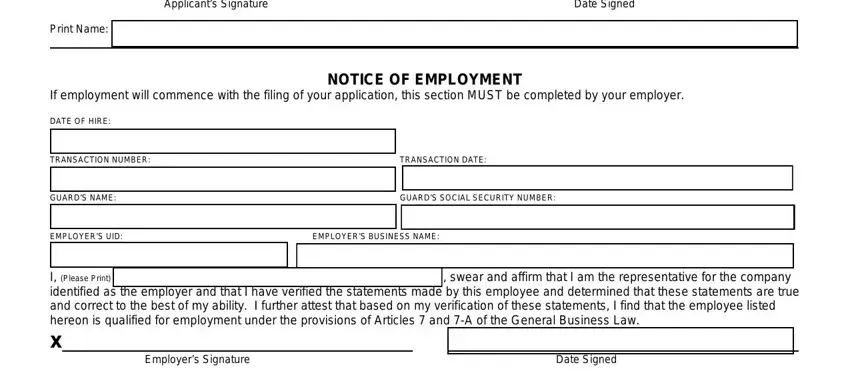 form dos 1246 Print Name, Applicants Signature, Date Signed, If employment will commence with, NOTICE OF EMPLOYMENT, DATE OF HIRE, TRANSACTION NUMBER, TRANSACTION DATE, GUARDS NAME, GUARDS SOCIAL SECURITY NUMBER, EMPLOYERS UID, EMPLOYERS BUSINESS NAME, I Please Print  swear and affirm, Employers Signature, and Date Signed blanks to fill out