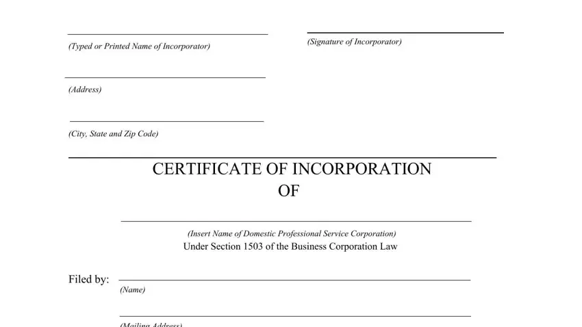 certificate incorporation sample TypedorPrintedNameofIncorporator, SignatureofIncorporator, Address, CityStateandZipCode, CERTIFICATEOFINCORPORATION, Filedby, Name, and MailingAddress fields to fill