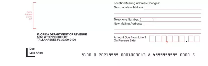 fl dr 15ez NameAddressCityStZIP, TelephoneNumberNewMailingAddress, AmountDueFromLineOnReverseSide, and DueLateAfter blanks to insert