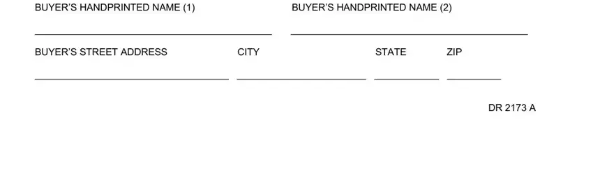 dr2173 motor vehicle bill of sale form BUYERcidS HANDPRINTED NAME, BUYERcidS STREET ADDRESS CITY, and DR  A blanks to fill out