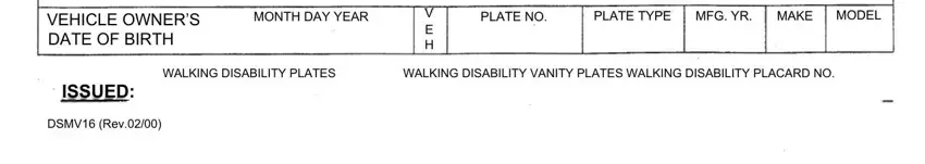 walking disability nh 2018 form VEHICLE OWNERS DATE OF BIRTH, MONTH DAY YEAR, V E H, PLATE NO, PLATE TYPE, MFG YR, MAKE, MODEL, WALKING DISABILITY PLATES, WALKING DISABILITY VANITY PLATES, ISSUED, and DSMV Rev blanks to complete