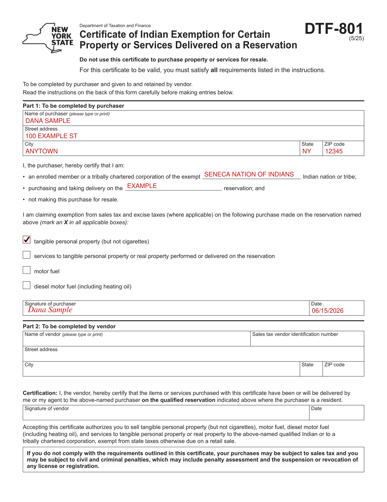 Form DTF-801 example filled out, example: a purchaser fills in Part 1